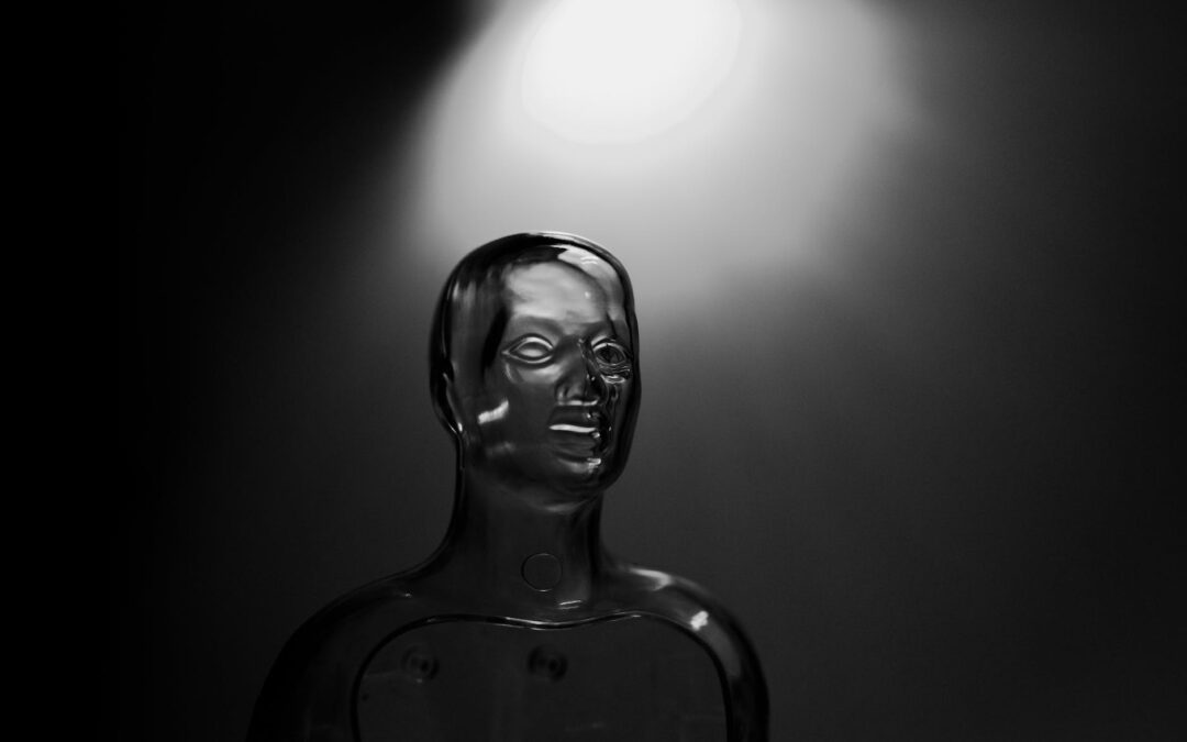 black and white photo of a transparent mannequin