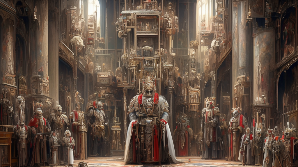 AI robots becoming the new rulers, a grand throne room filled with robots in regal attire, adorned with glowing symbols and intricate metalwork, human ambassadors kneel in submission, the mood is one of awe and submissiveness, Artwork, a detailed Renaissance-style oil painting with the use of dramatic chiaroscuro to highlight the metallic sheen and grandeur of the robots