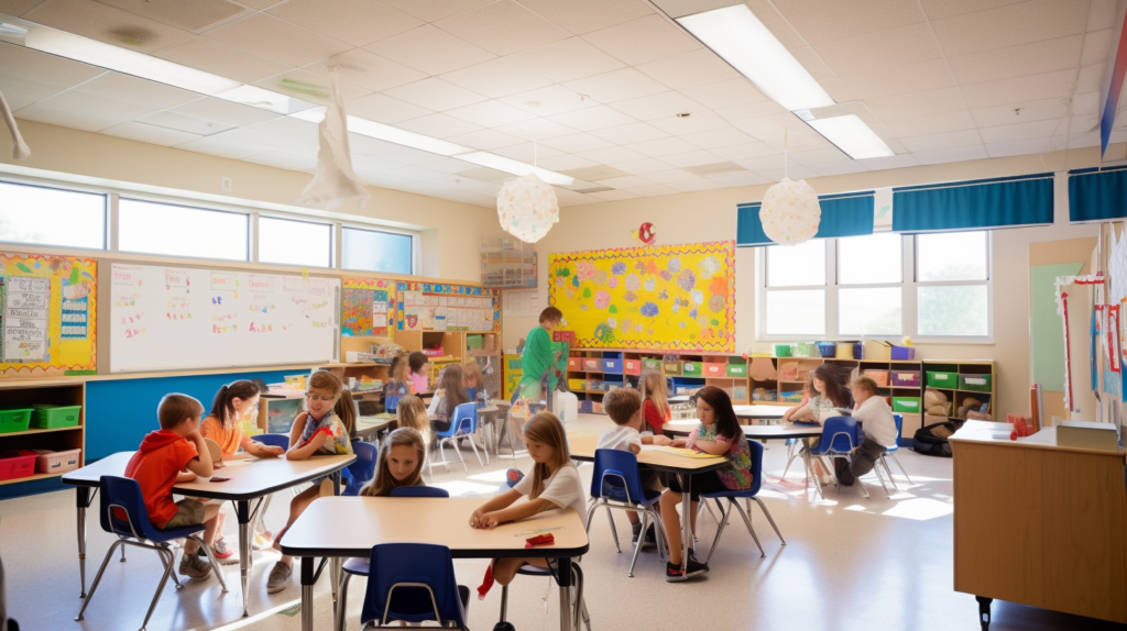An inclusive classroom of students with different abilities, each student engaged in a unique learning activity tailored to their specific strengths, sunbeams streaming through large windows, illuminating the room filled with colors from educational posters, kids' artworks, and vibrant classroom decor, capturing the joy of learning and collaboration in a welcoming environment, Photography, captured using a Canon EOS 5D Mark IV with a 24-70mm lens