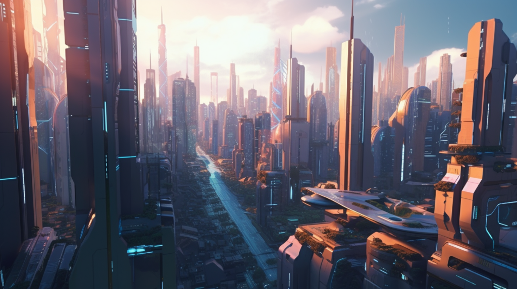 An innovative cityscape of a futuristic metropolis at sunset, towering skyscrapers with holographic advertisements, sleek flying vehicles, bustling streets filled with diverse pedestrians, reflecting the vibrant energy of urban life, Photography, wide-angle lens capturing the grandeur of the city