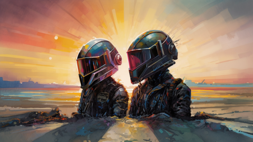 Daft Punk retired, their helmets, bathed in the vibrant hues of a sunset, rest on a white sand beach, waves gently lapping nearby, filled with a bittersweet serenity and peace, Watercolor, painted with soft brushes and a pastel color palette