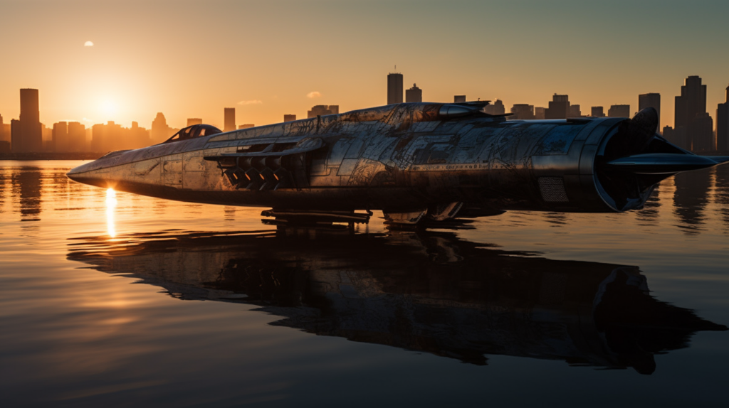 Summer Starfighter, a sleek interstellar vessel with a polished silver hull reflecting the setting sun, intricate markings adorning its wings like tribal tattoos, Coastal cityscape during twilight, skyscrapers casting long shadows onto the shimmering sea, the atmosphere tinged with both anticipation and tranquility as the starfighter hovers, ready for takeoff, Photography, captured with a Canon EOS 5D Mark IV, 24-105mm lens