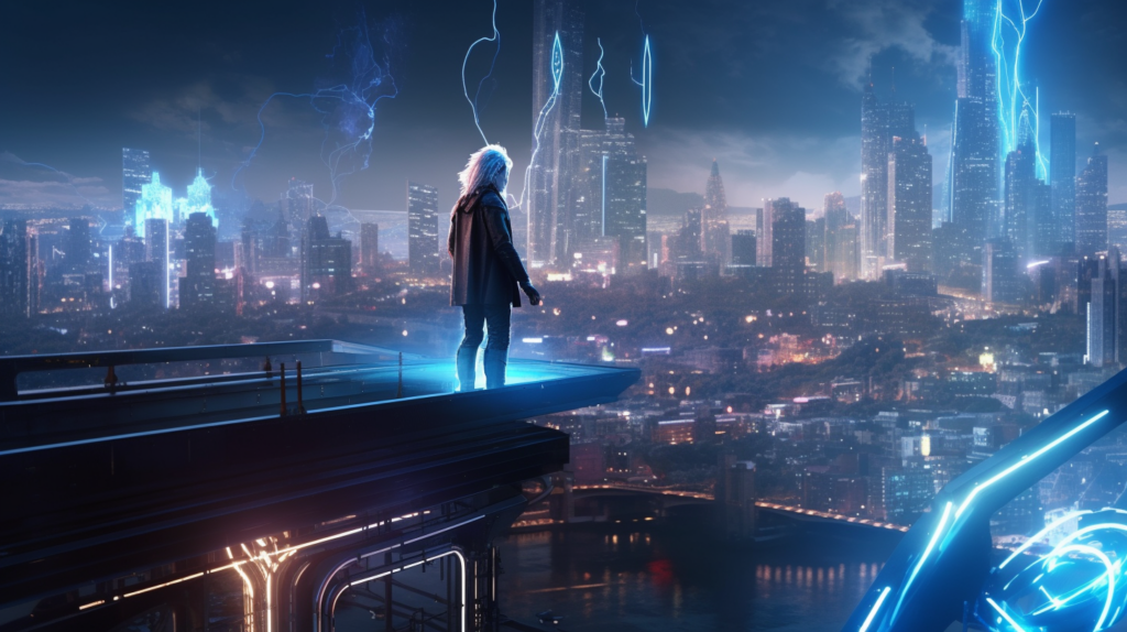 A cybernetic male elf standing atop a floating platform overlooking a sprawling metropolis, city alive with shimmering lights, interconnected sky-bridges, and stream of floating cars, elf's body adorned with lit glyphs harmonizing with the pulsating lights of the city, Photography, shot with a wide-angle lens with a focal length of 35mm
