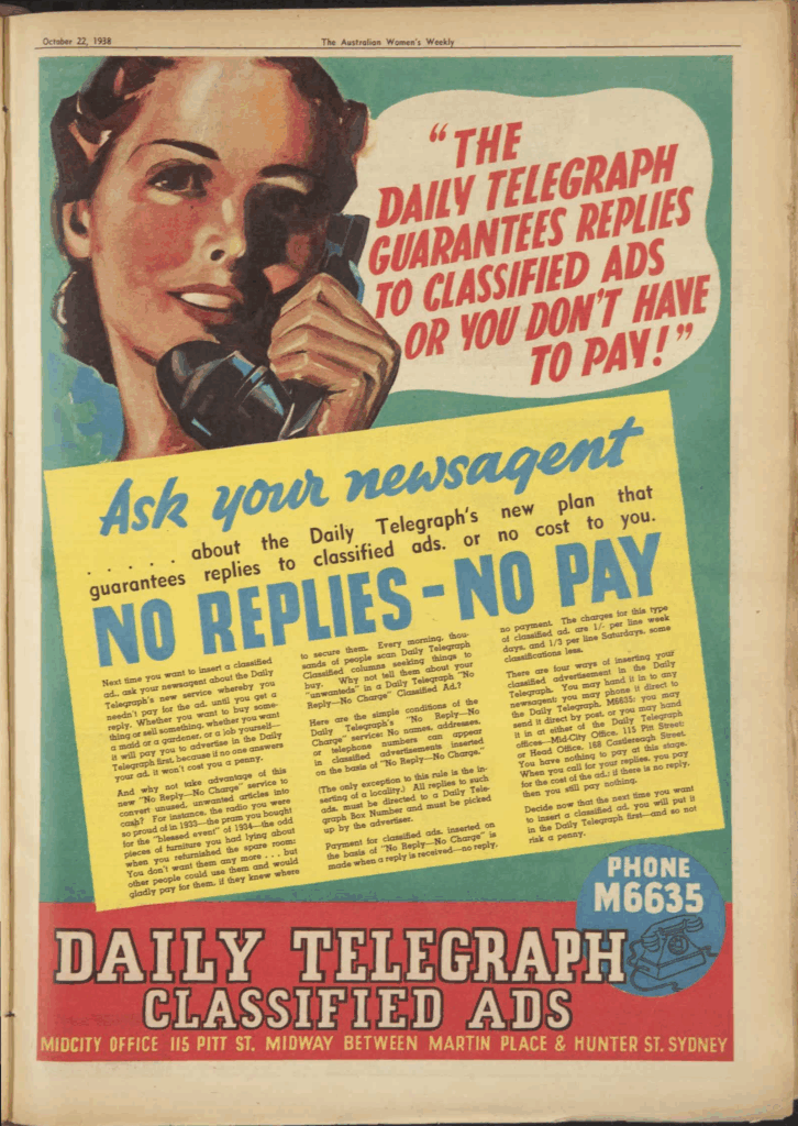 1938 advertisement for the Daily Telegraph via Internet Archive